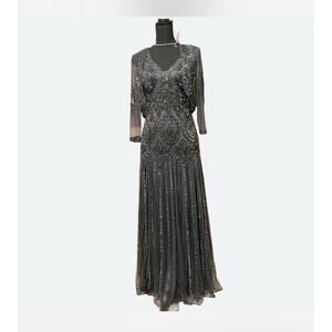 Pisarro Nights Beaded Formal Gown Women’s Sz 8 Medium Dark Grey Event Wedding